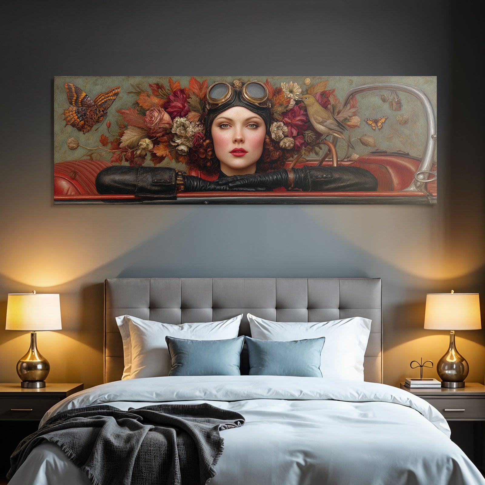 Stylisierte Portrait Frau Mit Blumen Butterflies Und Vogel Vintage Aesthetik