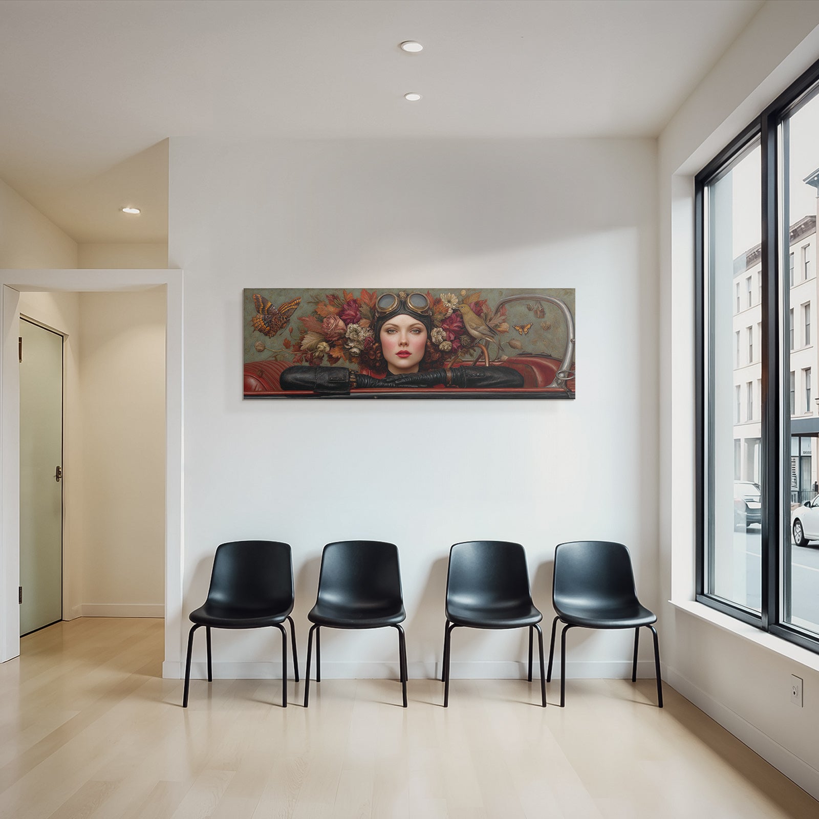 Stylisierte Portrait Frau Mit Blumen Butterflies Und Vogel Vintage Aesthetik