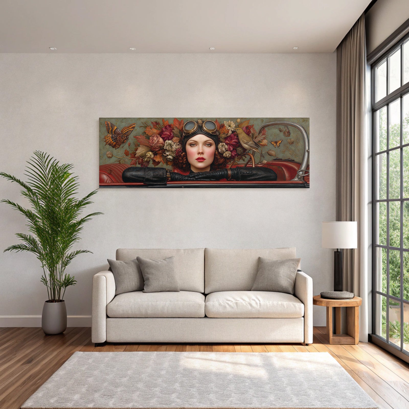 Stylisierte Portrait Frau Mit Blumen Butterflies Und Vogel Vintage Aesthetik