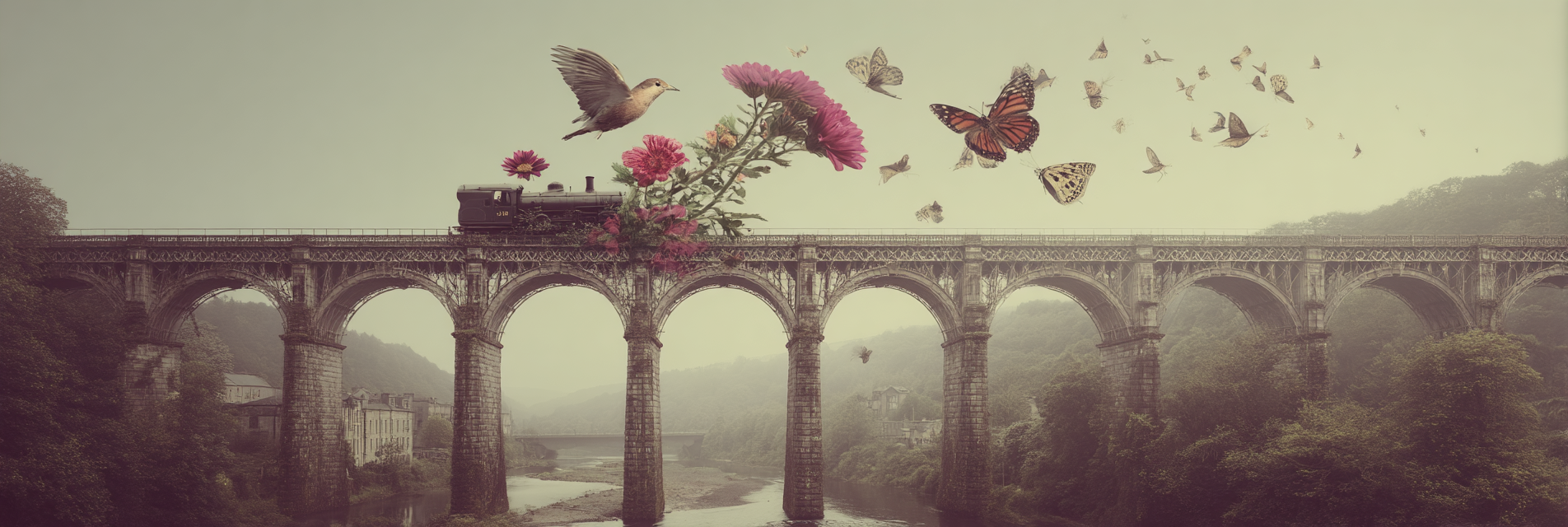 Surreale Bruecke Mit Zug Umgeben Von Blumen Schmetterlingen Und Einem Vogel | Digital Art | Kunstgattungen