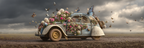 Vintage Auto Mit Blumen Und Schmetterlingen Auf Einem Dirt Road Unter Einem Drama Himmel | Digital Art | Kunstgattungen