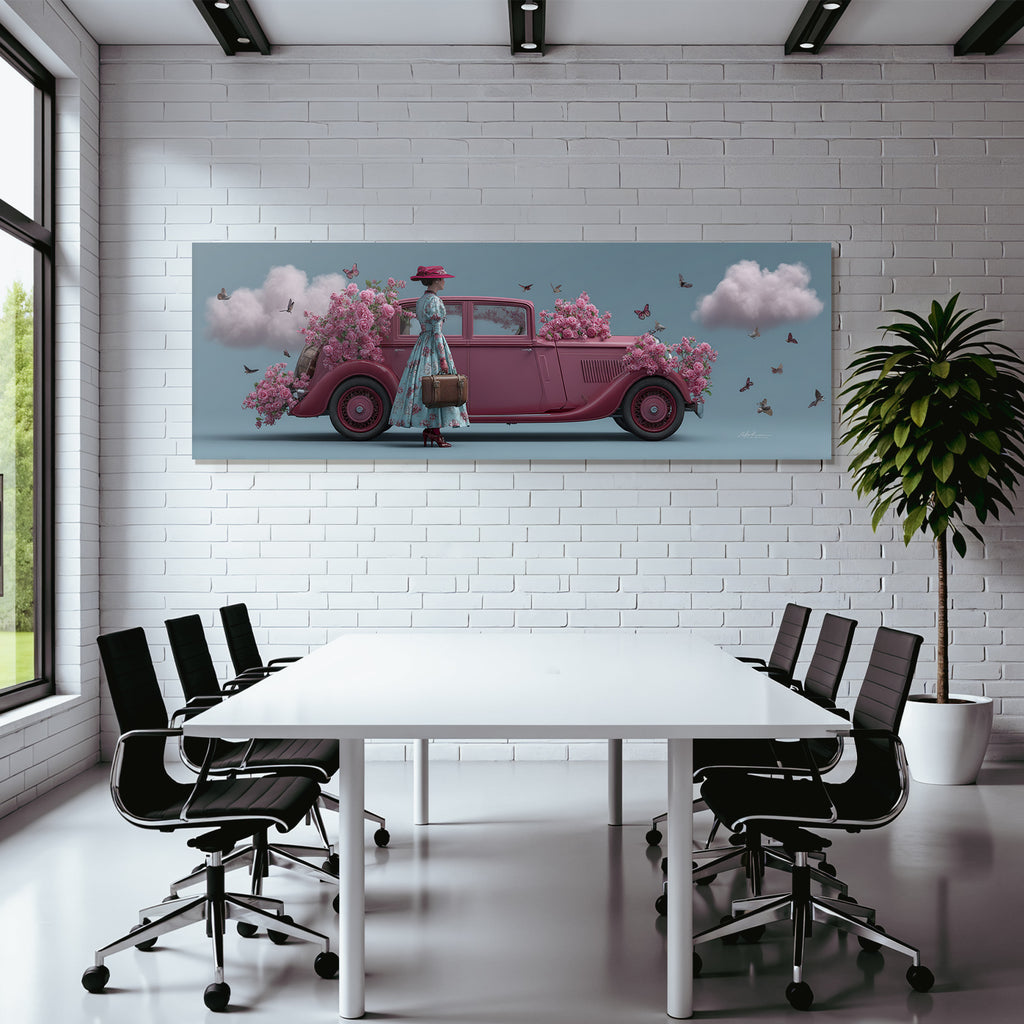 Vintage Rosa Auto Mit Rosen Und Schmetterlingen Und Frauen Mit Koffer