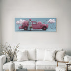Vintage Rosa Auto Mit Rosen Und Schmetterlingen Und Frauen Mit Koffer