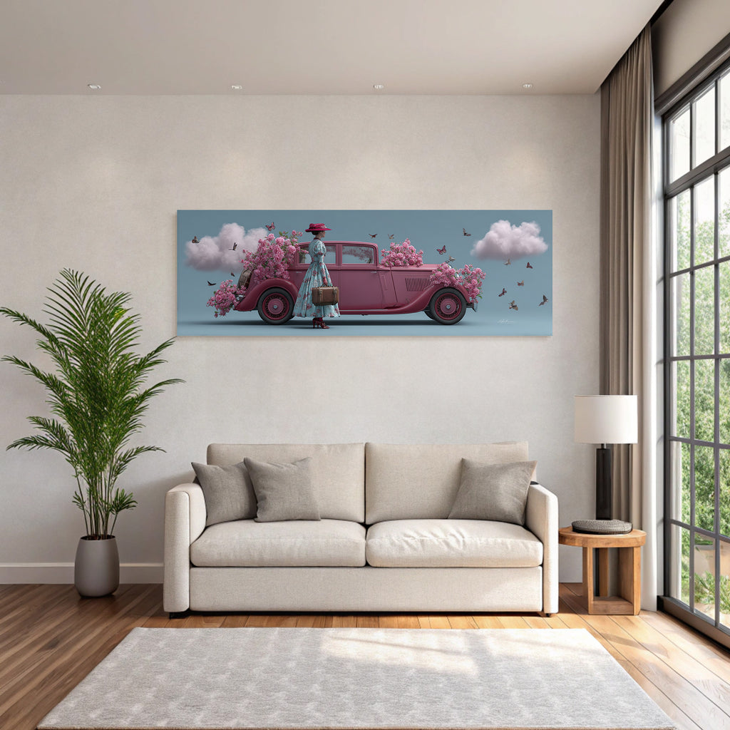Vintage Rosa Auto Mit Rosen Und Schmetterlingen Und Frauen Mit Koffer