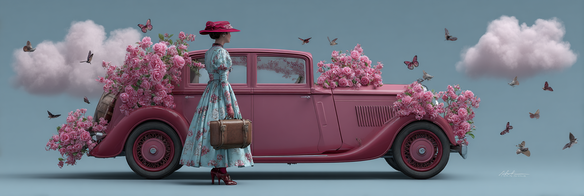 Vintage Rosa Auto Mit Rosen Und Schmetterlingen Und Frauen Mit Koffer | Digital Art | Kunstgattungen