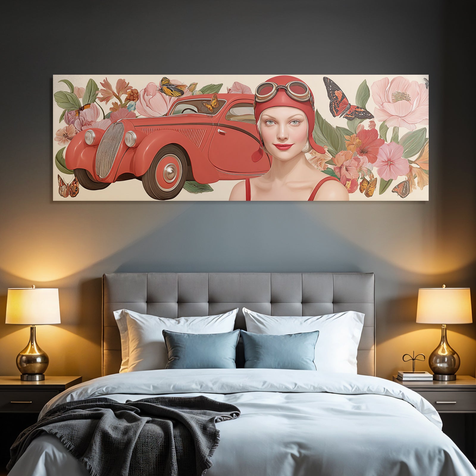 Vintage Rotes Auto Frau Mit Flieder Mit Blumen Und Schmetterlingen