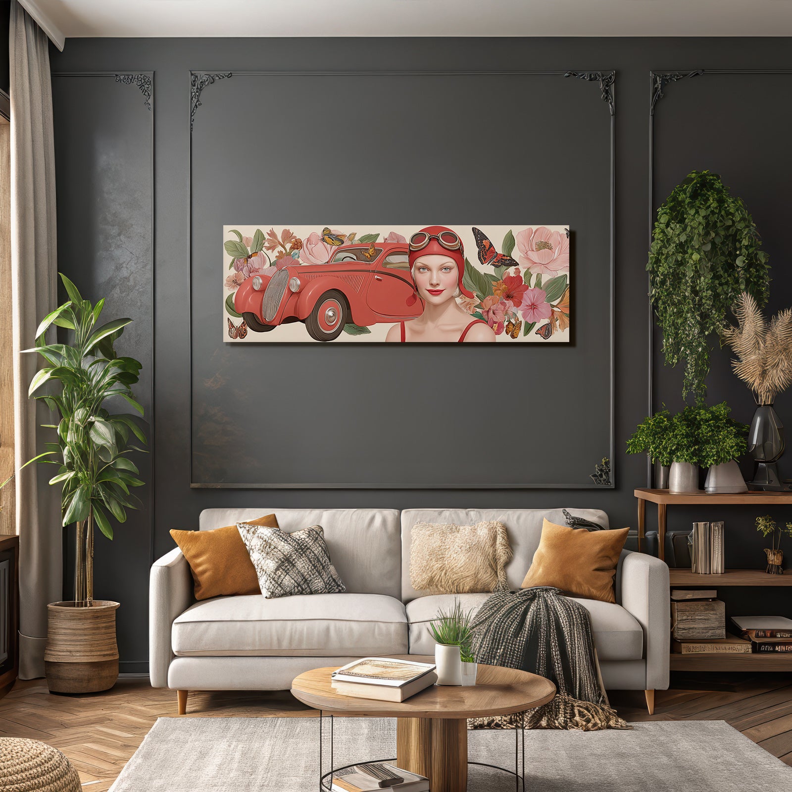 Vintage Rotes Auto Frau Mit Flieder Mit Blumen Und Schmetterlingen