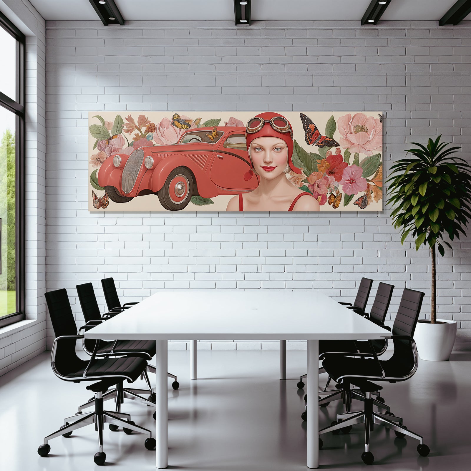 Vintage Rotes Auto Frau Mit Flieder Mit Blumen Und Schmetterlingen