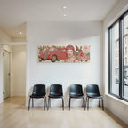 Vintage Rotes Auto Frau Mit Flieder Mit Blumen Und Schmetterlingen