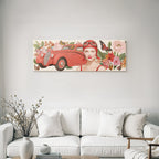 Vintage Rotes Auto Frau Mit Flieder Mit Blumen Und Schmetterlingen