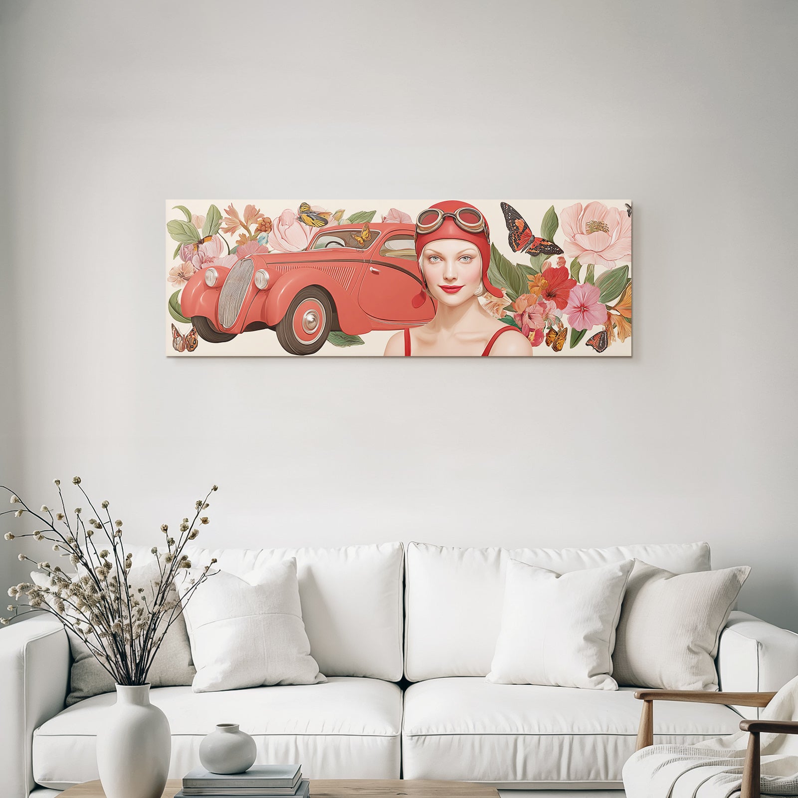 Vintage Rotes Auto Frau Mit Flieder Mit Blumen Und Schmetterlingen