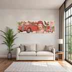Vintage Rotes Auto Frau Mit Flieder Mit Blumen Und Schmetterlingen