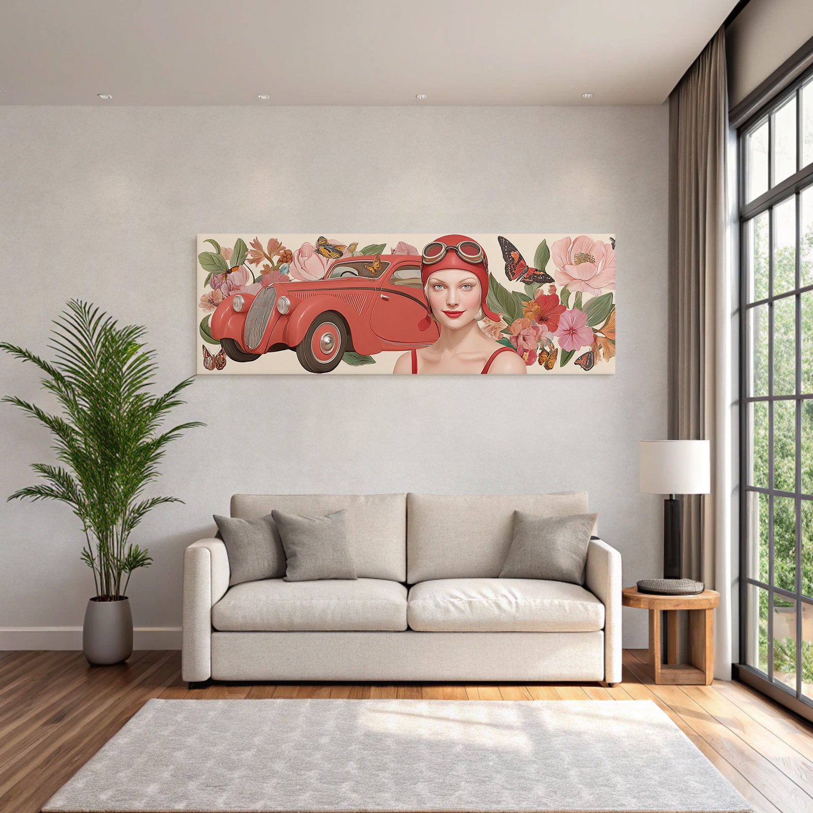 Vintage Rotes Auto Frau Mit Flieder Mit Blumen Und Schmetterlingen