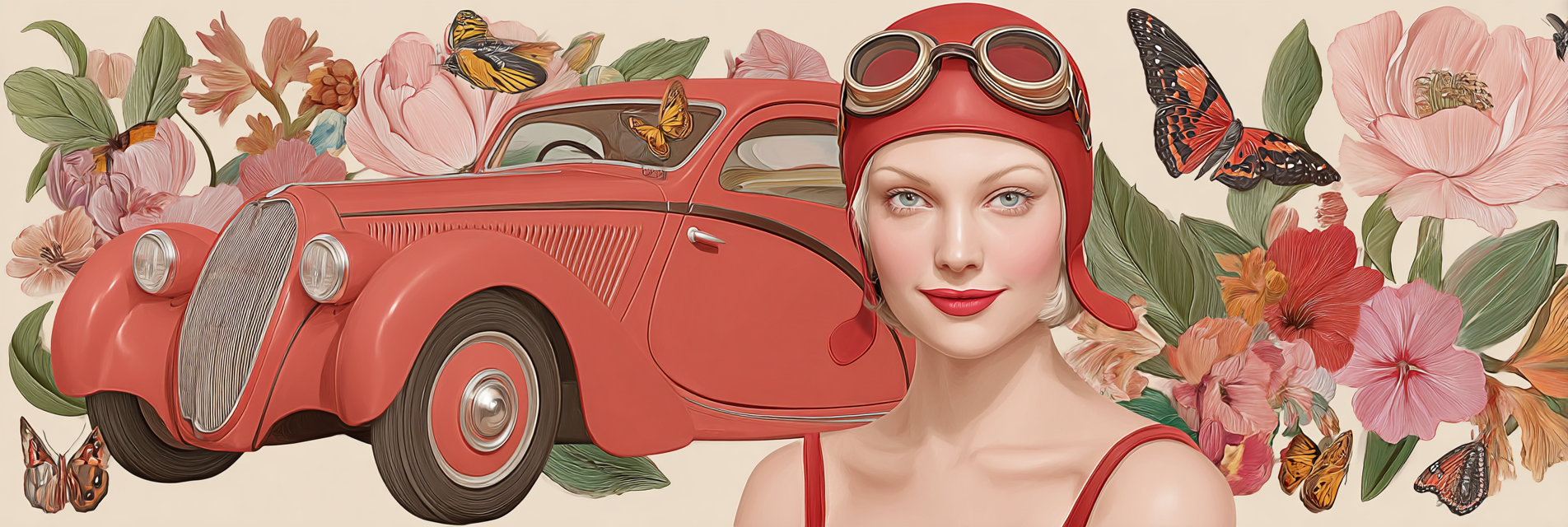Vintage Rotes Auto Frau Mit Flieder Mit Blumen Und Schmetterlingen | Digital Art | Kunstgattungen