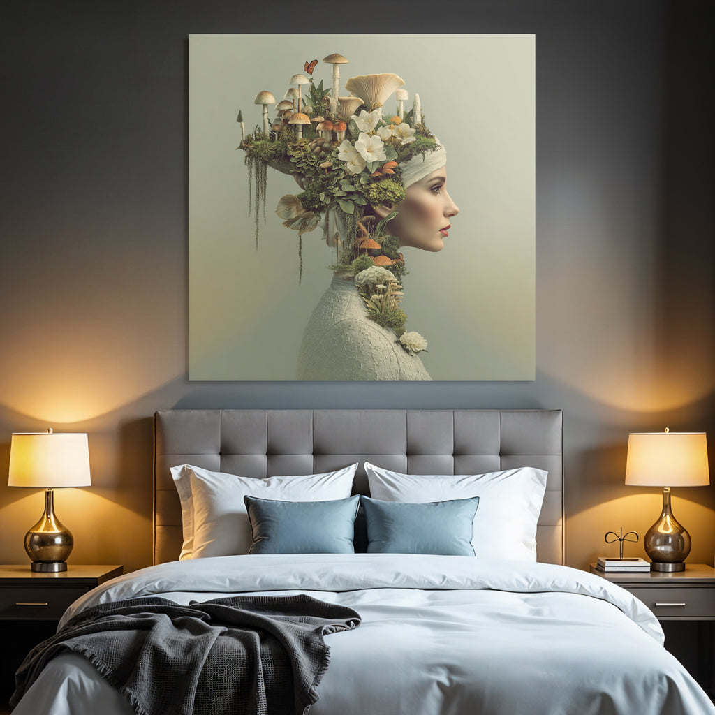 Frau Mit Naturhaarschmuck Blumen Und Pilzen Kreative Darstellung