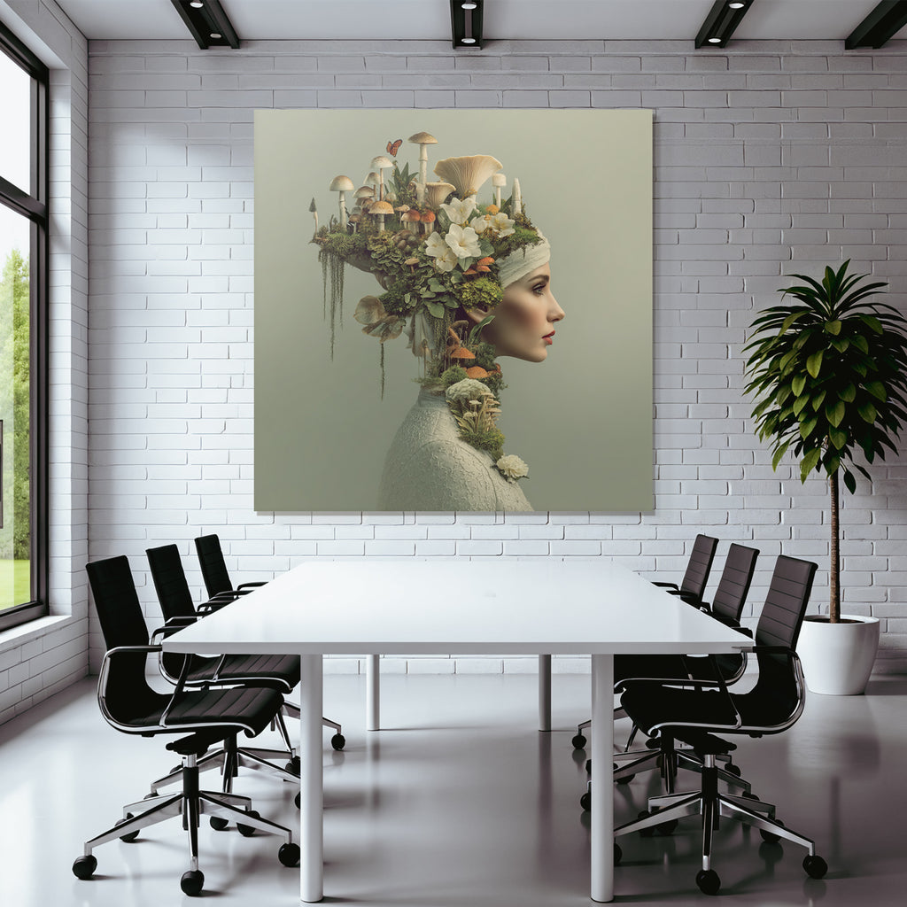 Frau Mit Naturhaarschmuck Blumen Und Pilzen Kreative Darstellung