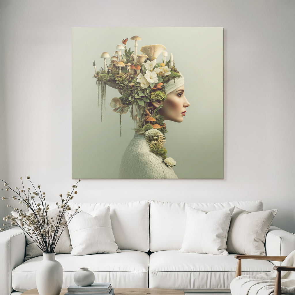 Frau Mit Naturhaarschmuck Blumen Und Pilzen Kreative Darstellung