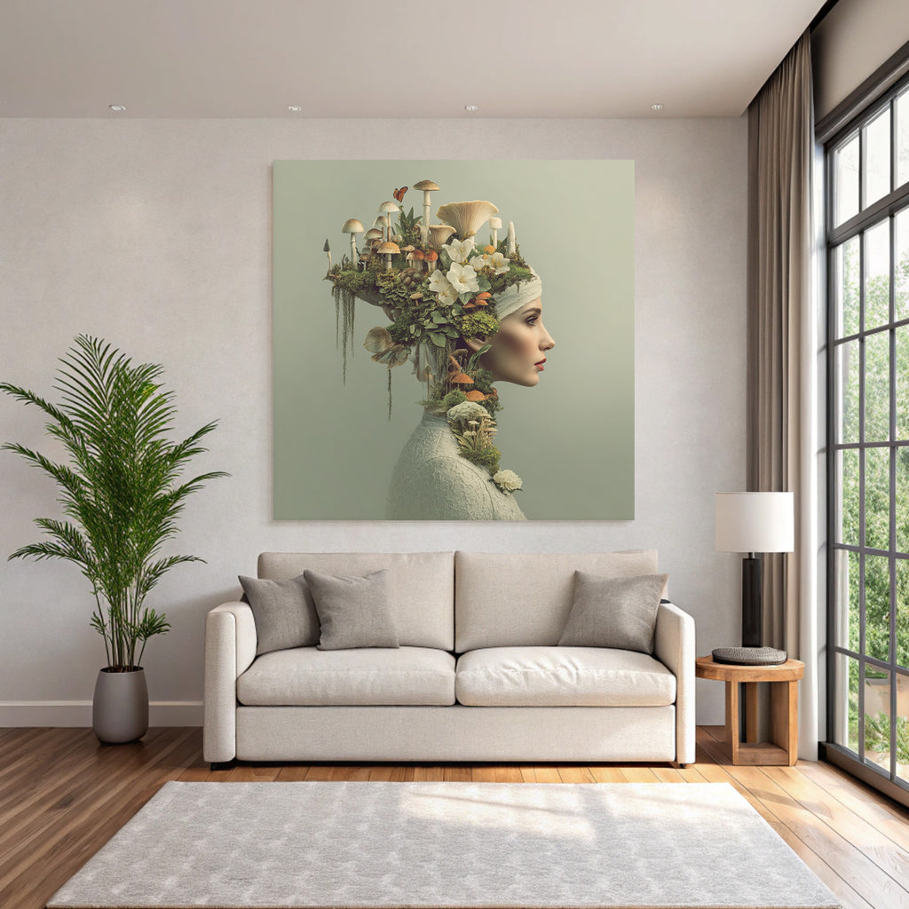 Frau Mit Naturhaarschmuck Blumen Und Pilzen Kreative Darstellung