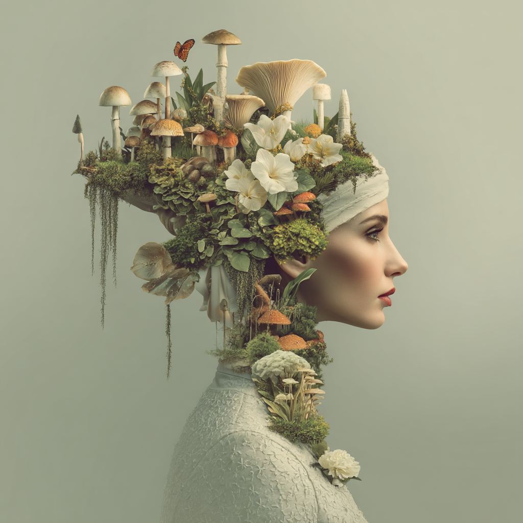 Frau Mit Naturhaarschmuck Blumen Und Pilzen Kreative Darstellung | Digital Art | Kunstgattungen