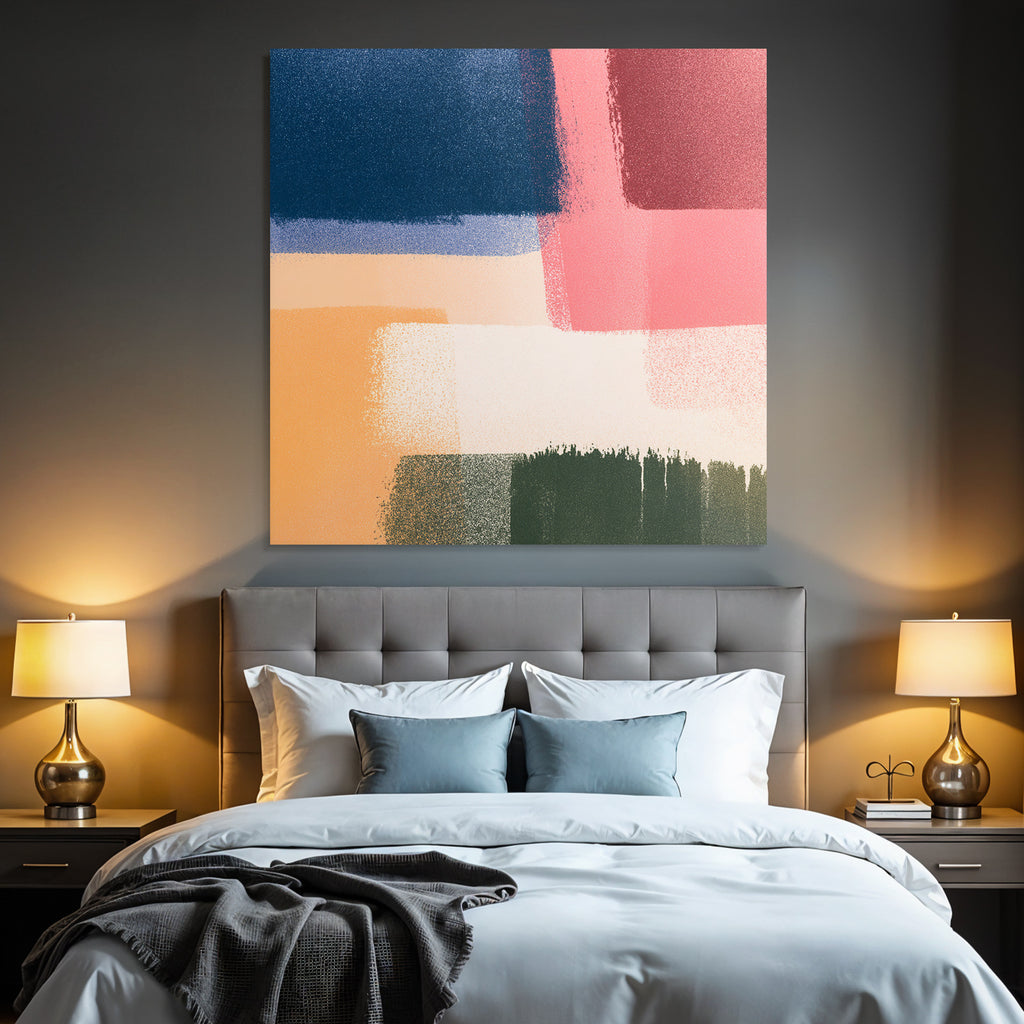 Abstrakte Kunst Mit Brushtrokes In Dunkelblau Lila Rosa Peach Creme Gruen