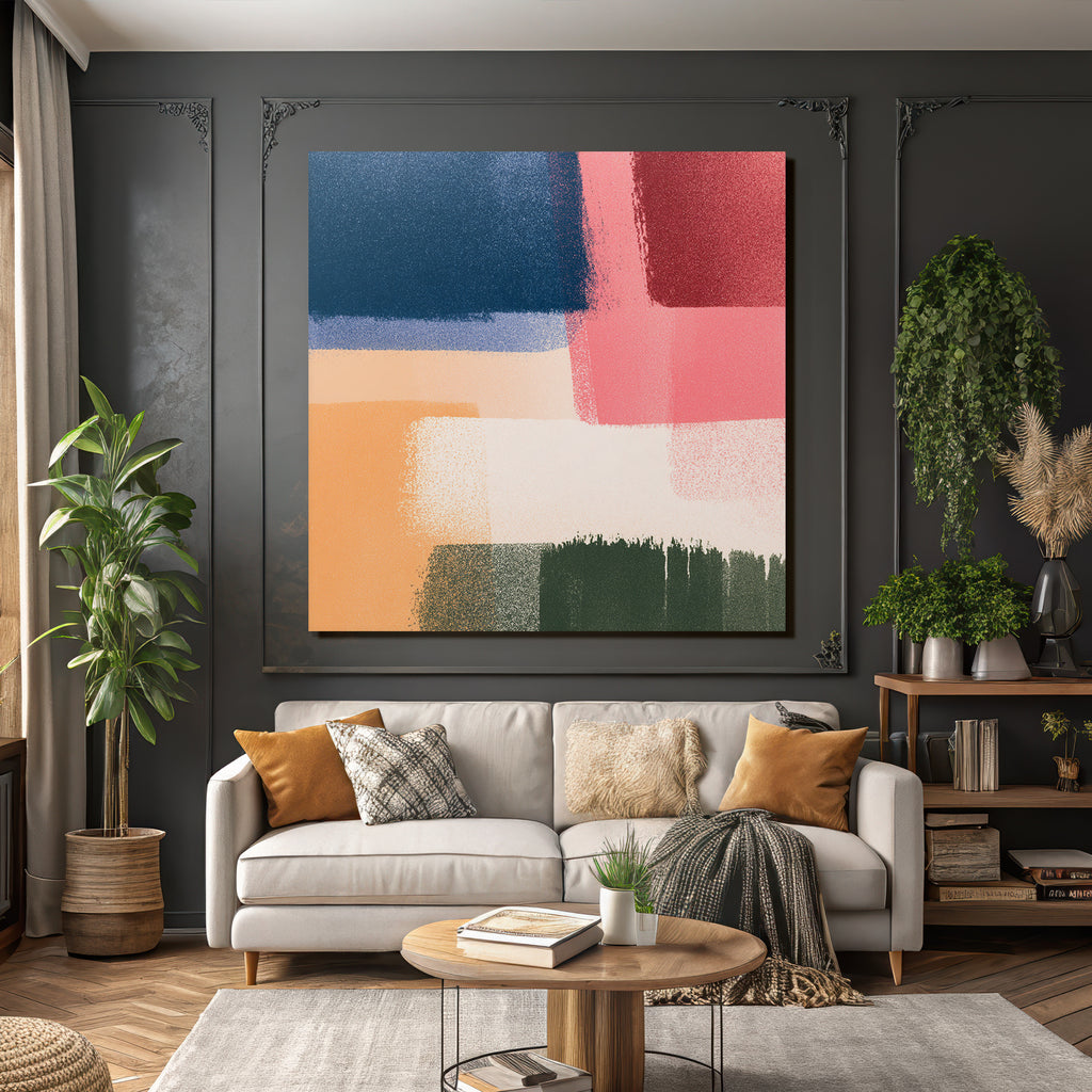Abstrakte Kunst Mit Brushtrokes In Dunkelblau Lila Rosa Peach Creme Gruen