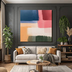 Abstrakte Kunst Mit Brushtrokes In Dunkelblau Lila Rosa Peach Creme Gruen
