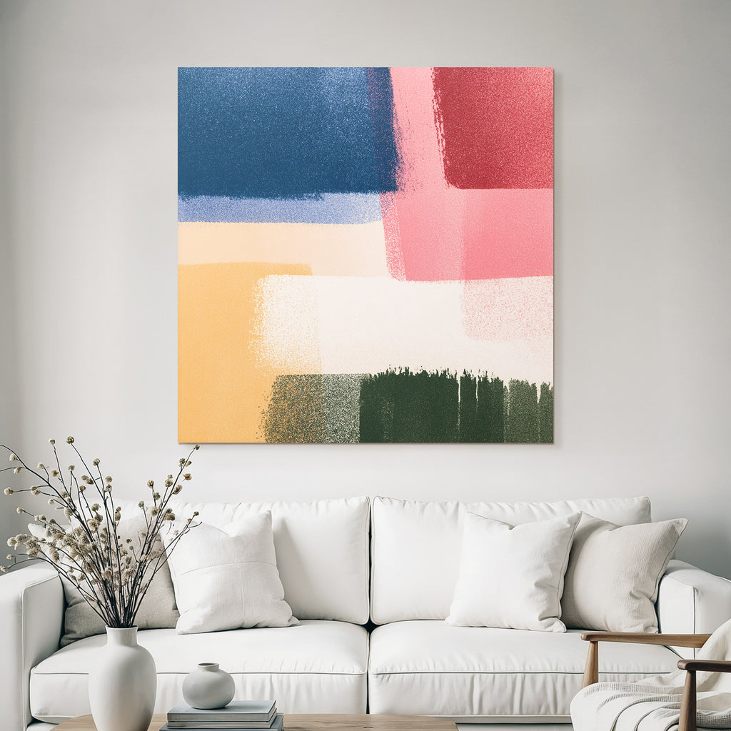 Abstrakte Kunst Mit Brushtrokes In Dunkelblau Lila Rosa Peach Creme Gruen