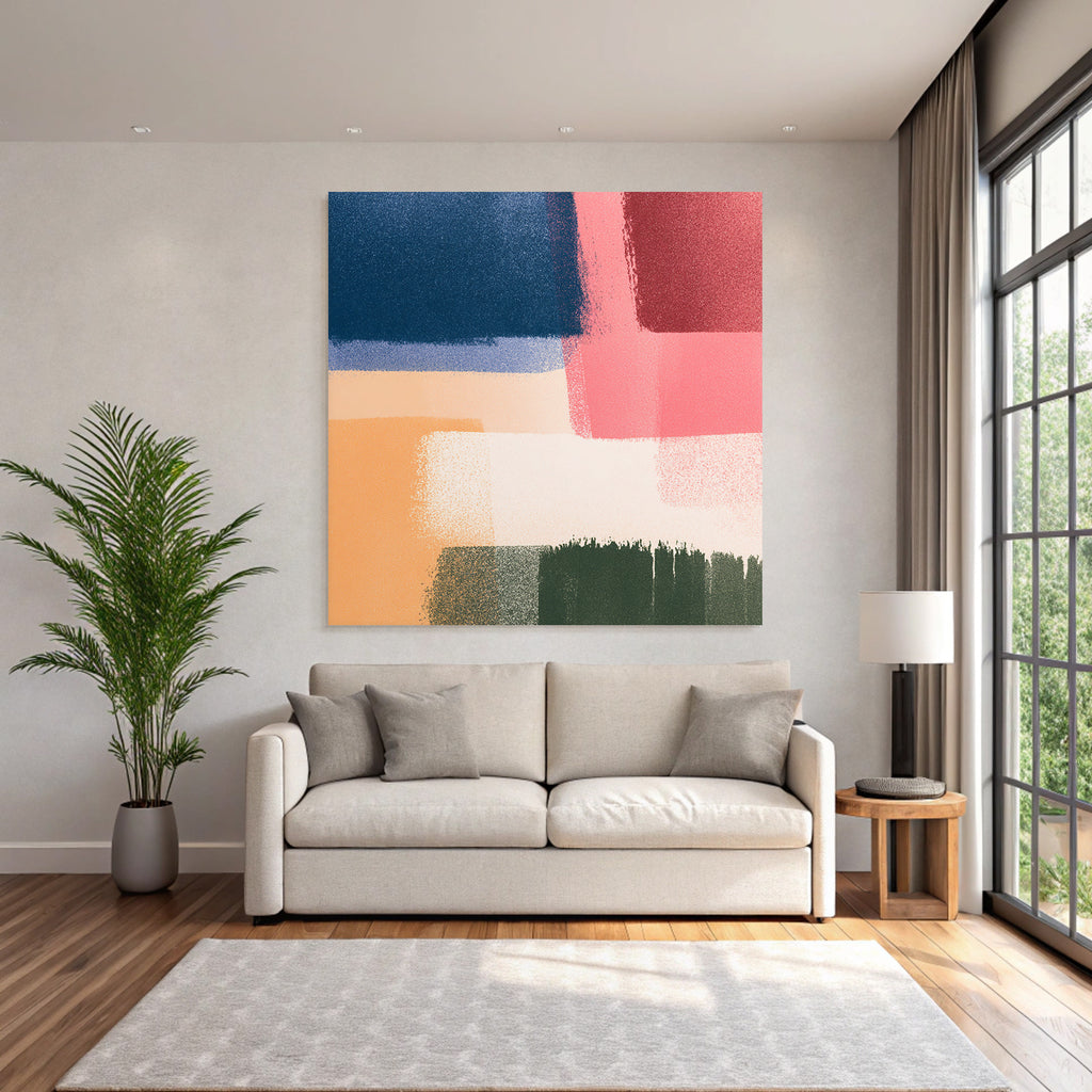 Abstrakte Kunst Mit Brushtrokes In Dunkelblau Lila Rosa Peach Creme Gruen