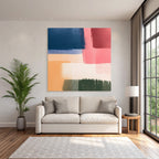 Abstrakte Kunst Mit Brushtrokes In Dunkelblau Lila Rosa Peach Creme Gruen