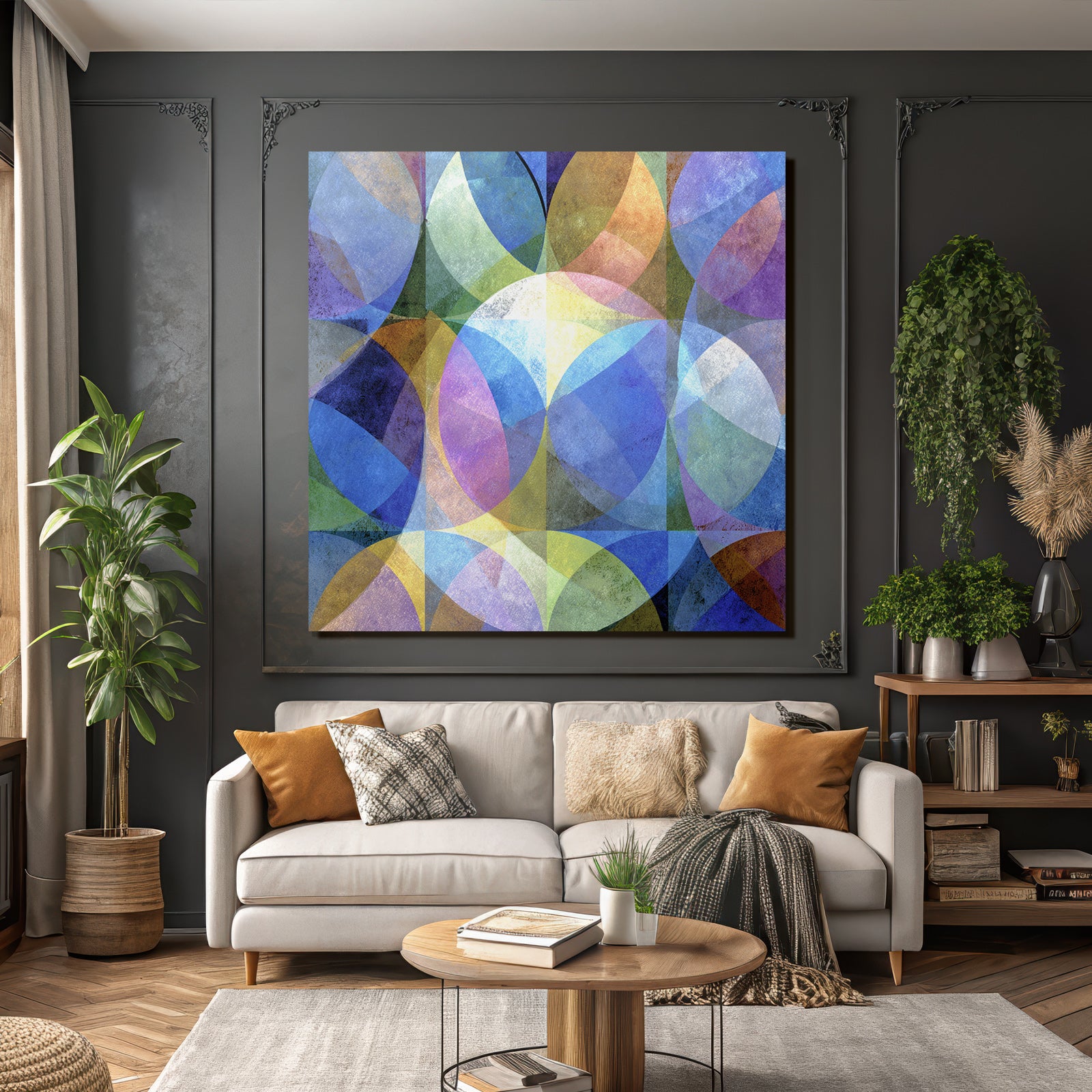 Abstrakte Kunst Mit Ueberlappenden Formen Blau Gruen Lila Gelb