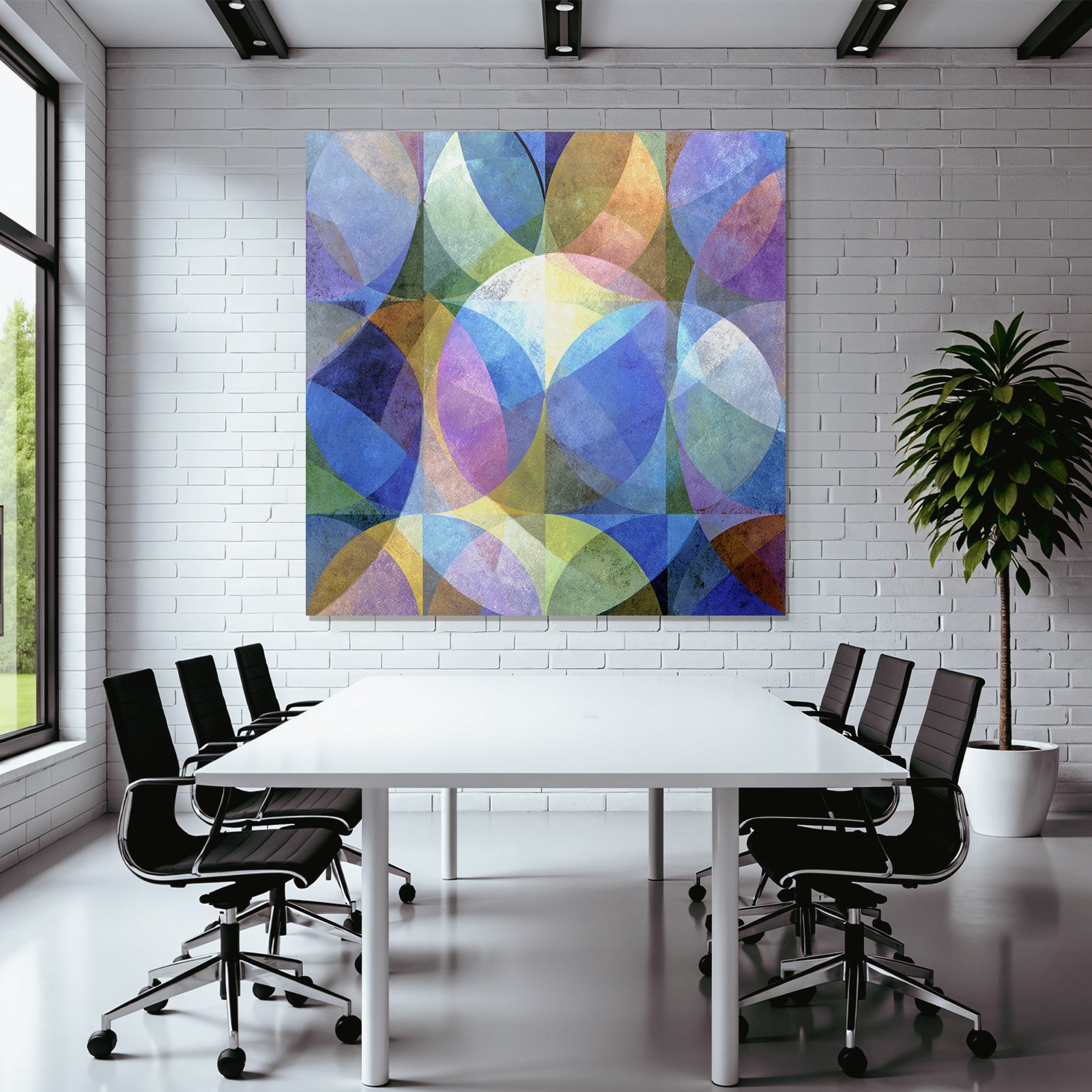 Abstrakte Kunst Mit Ueberlappenden Formen Blau Gruen Lila Gelb