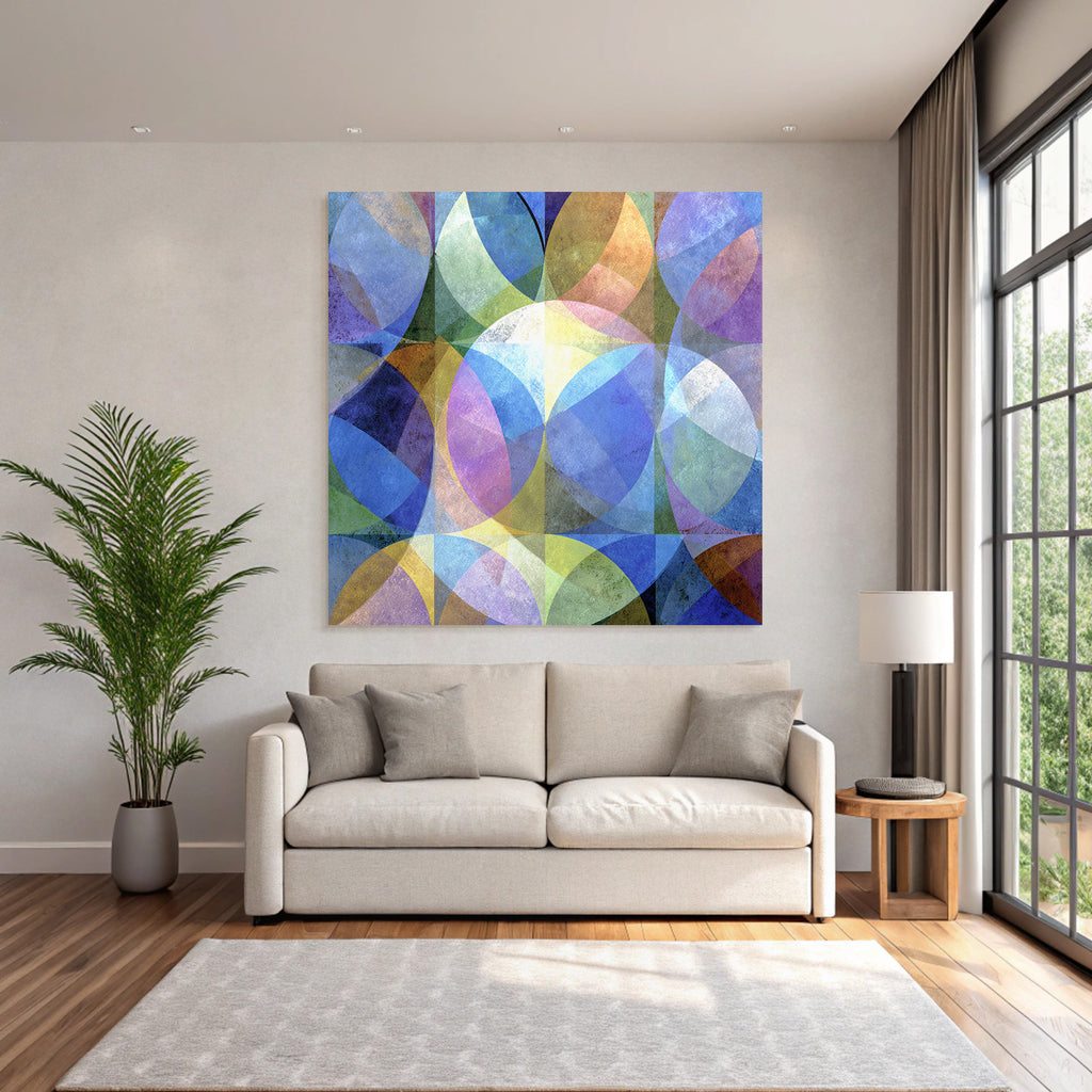 Abstract Art with Overlapping Shapes Blue Green Purple Yellow