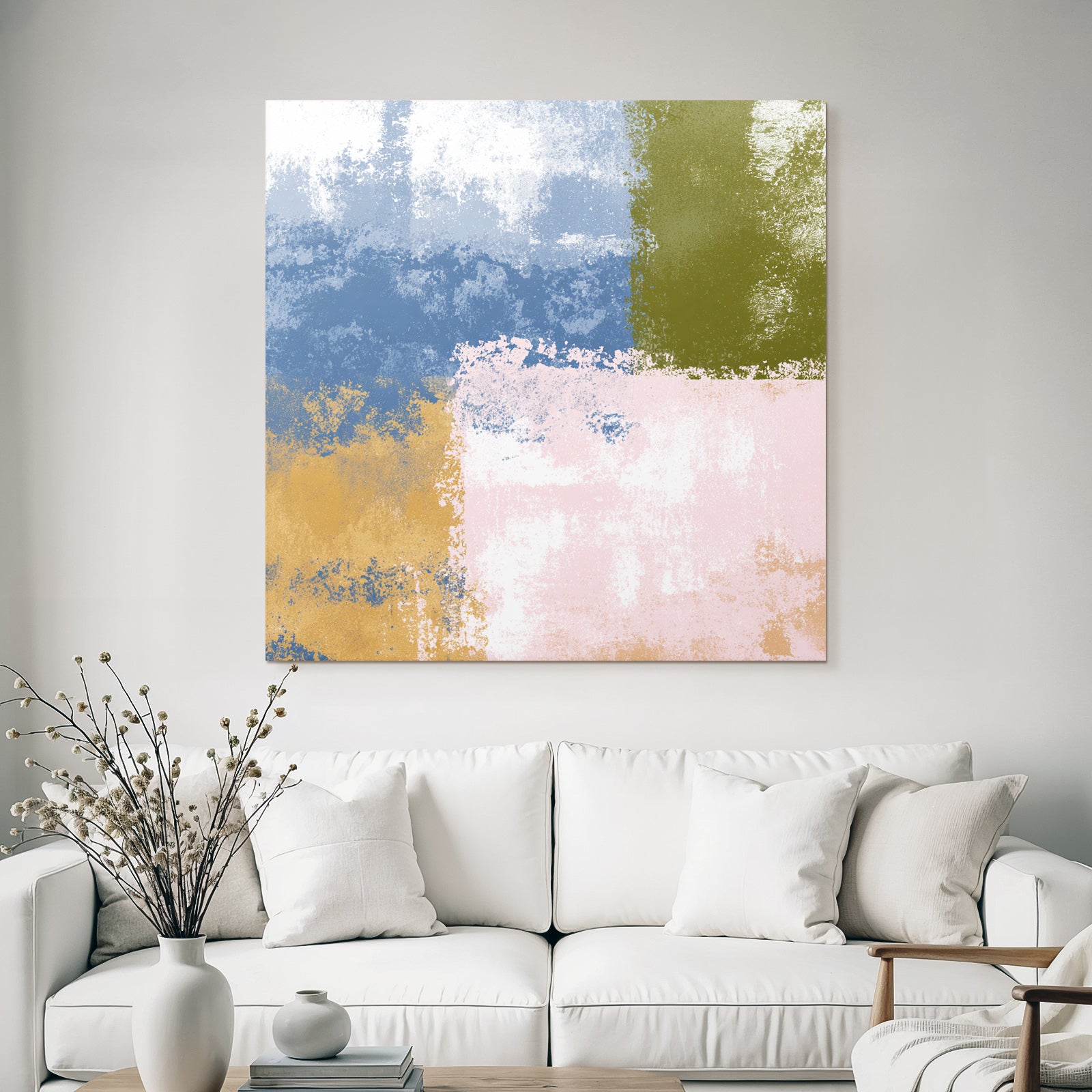 Abstraktes Design Patchwork Verschiedene Farben Blau Gruen Rosa Weiss Braun