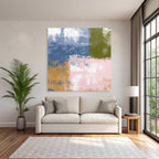 Abstraktes Design Patchwork Verschiedene Farben Blau Gruen Rosa Weiss Braun