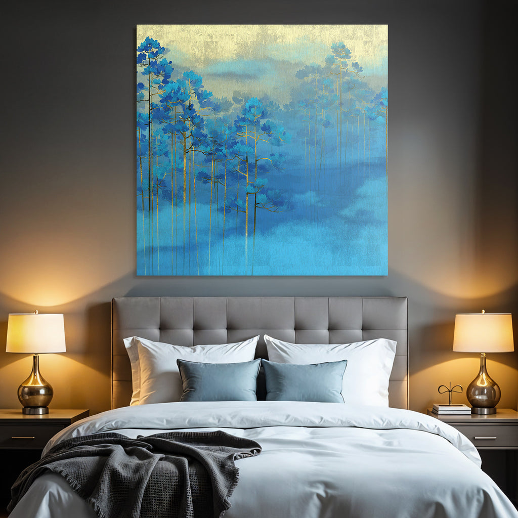 Blaue Baeume Im Nebel Goldener Hintergrund Kunst
