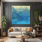 Blaue Baeume Im Nebel Goldener Hintergrund Kunst