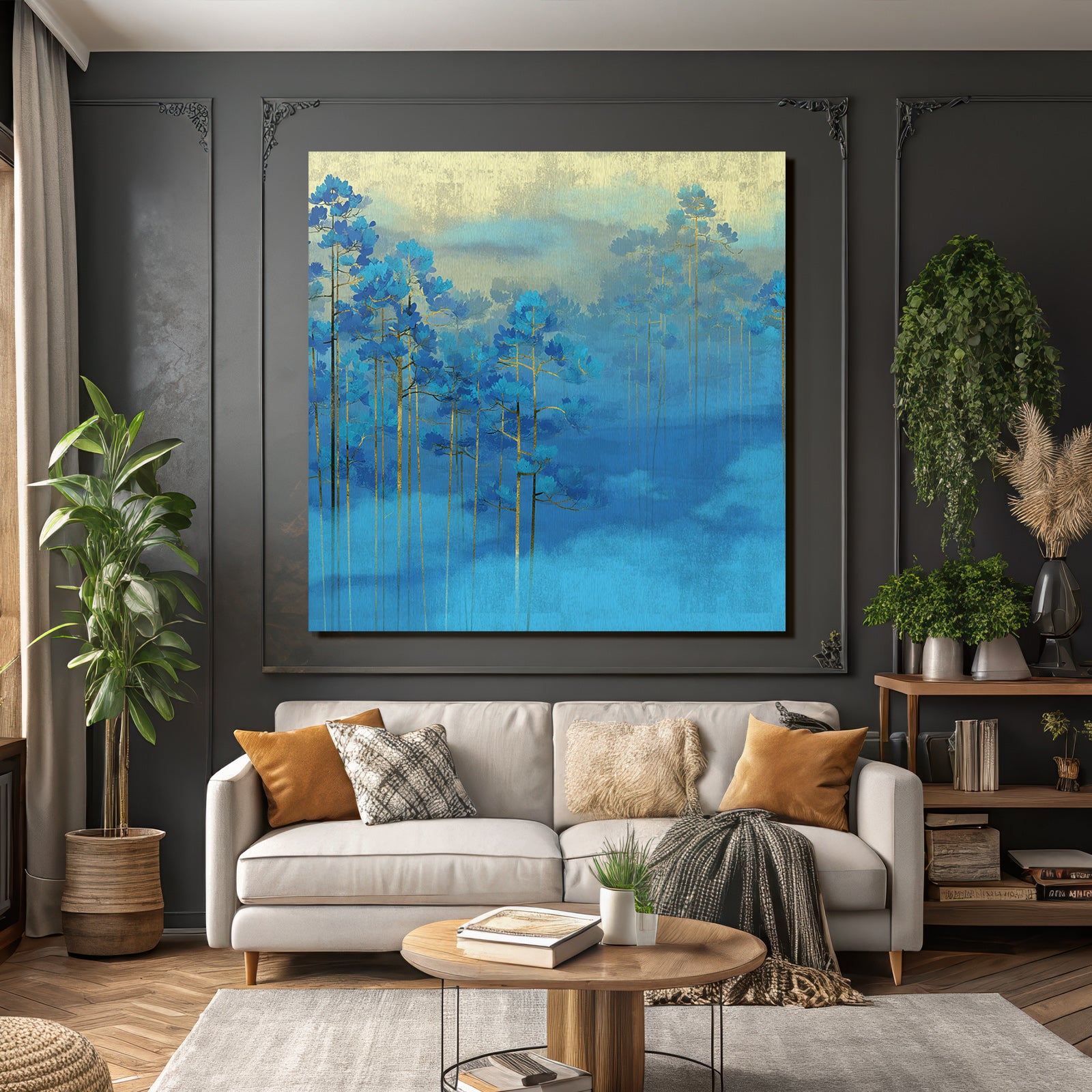 Blaue Baeume Im Nebel Goldener Hintergrund Kunst