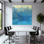 Blaue Baeume Im Nebel Goldener Hintergrund Kunst