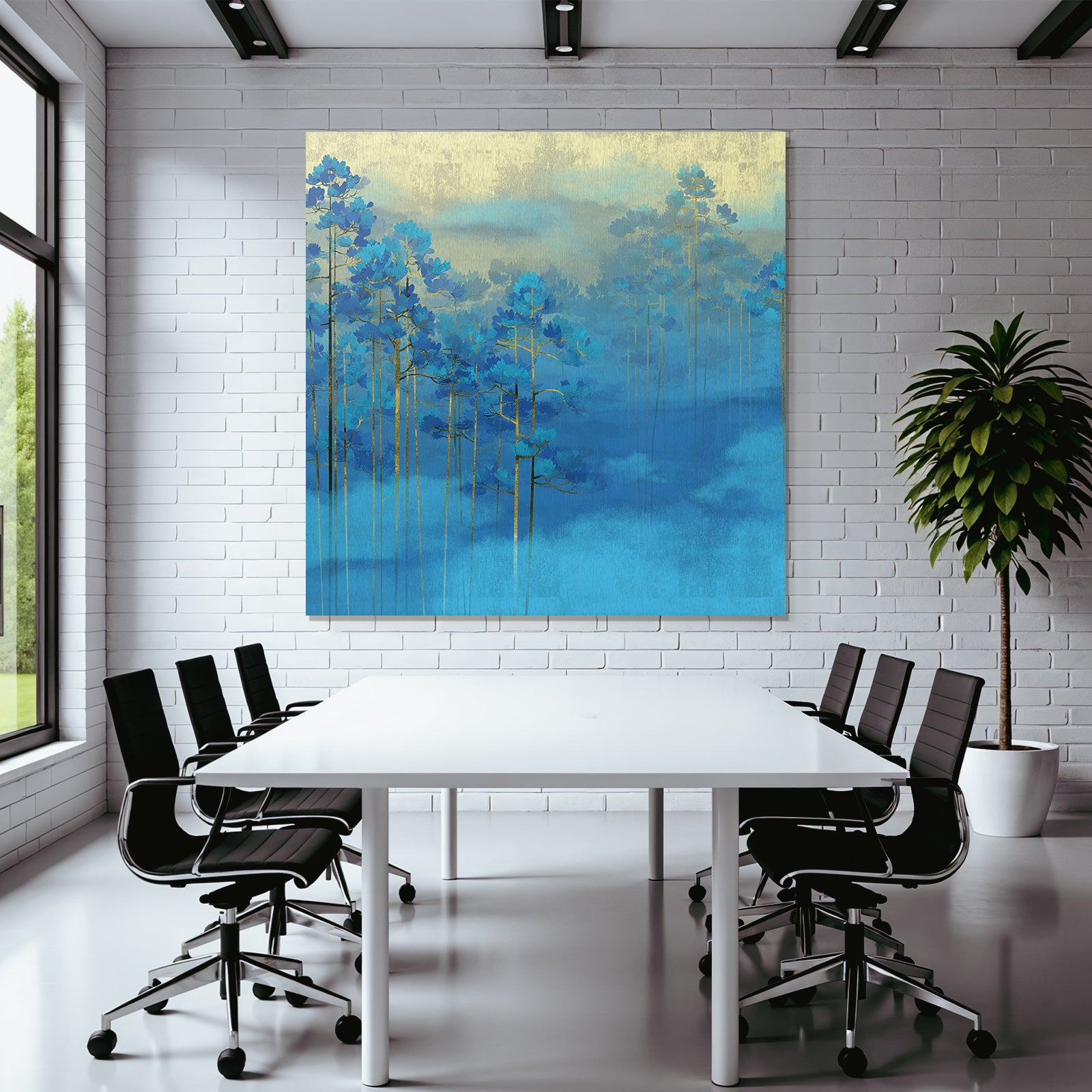 Blaue Baeume Im Nebel Goldener Hintergrund Kunst