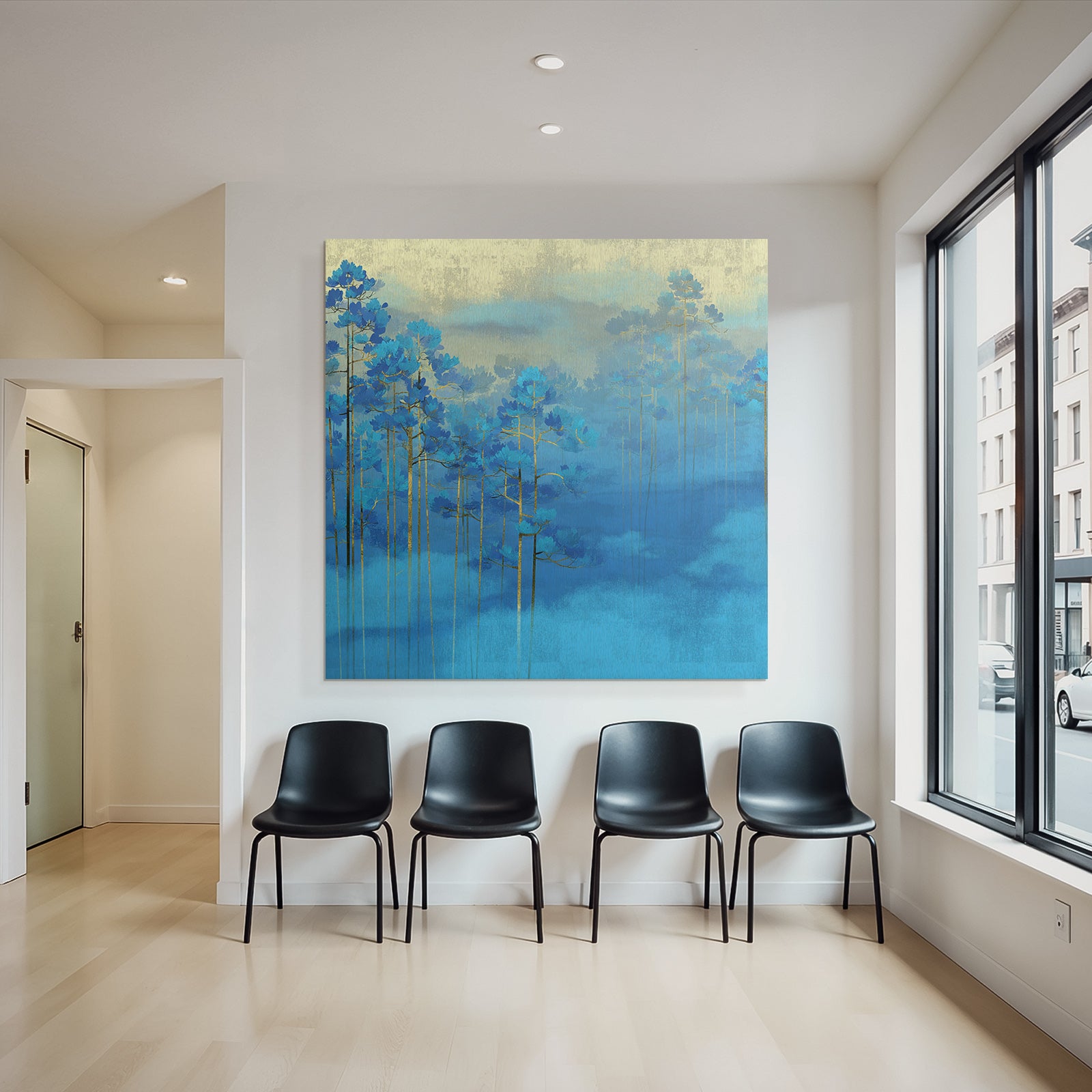 Blaue Baeume Im Nebel Goldener Hintergrund Kunst
