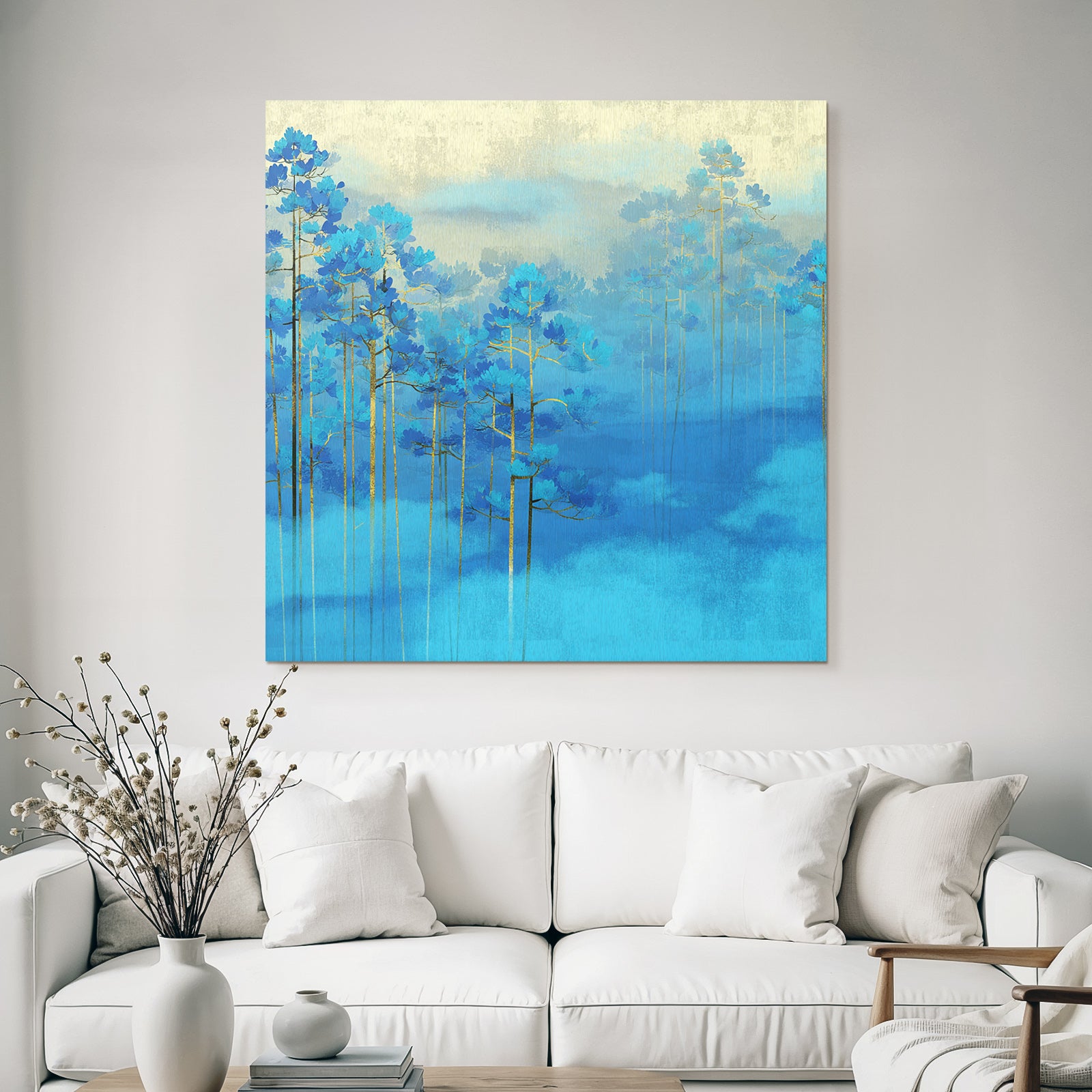 Blaue Baeume Im Nebel Goldener Hintergrund Kunst