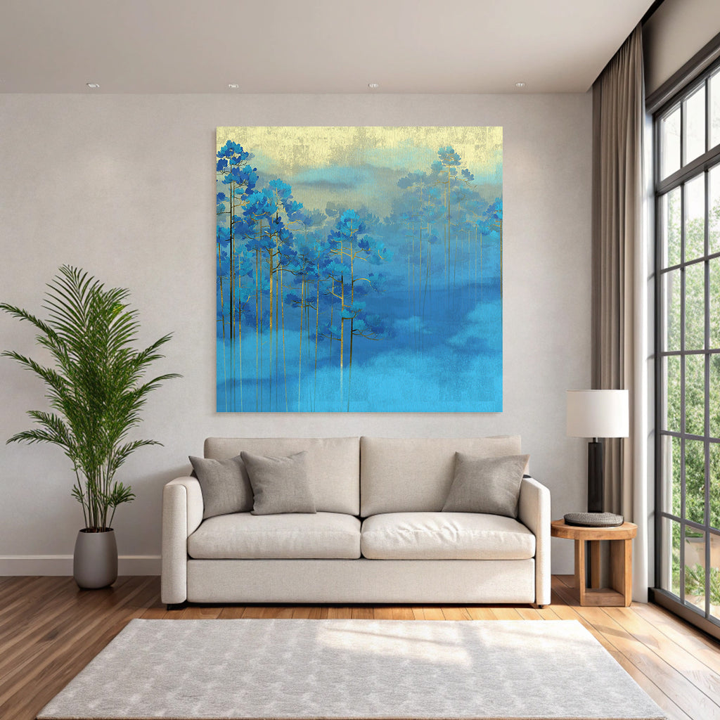 Blaue Baeume Im Nebel Goldener Hintergrund Kunst