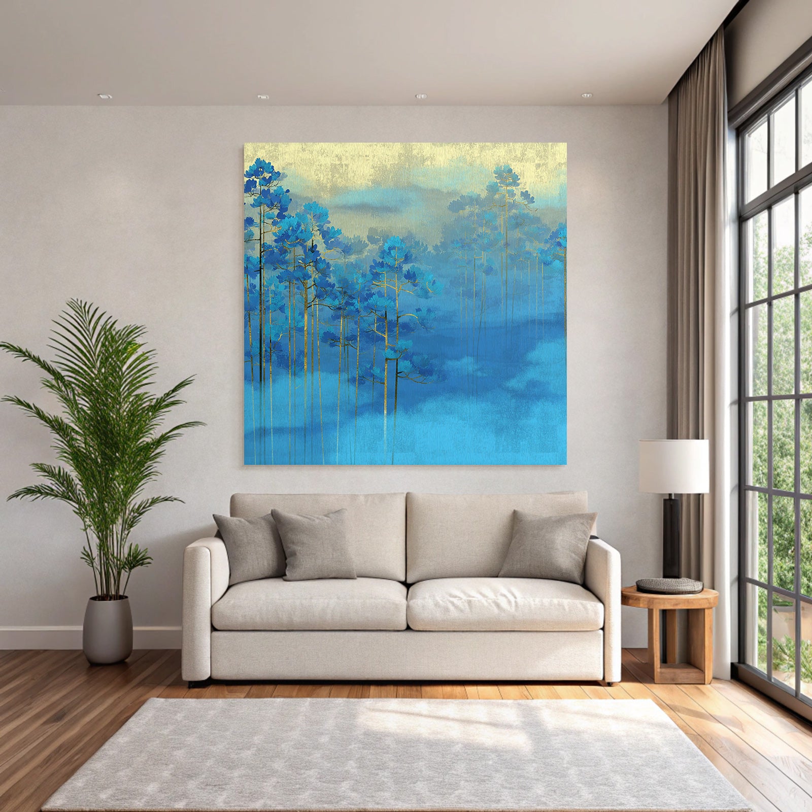 Blaue Baeume Im Nebel Goldener Hintergrund Kunst