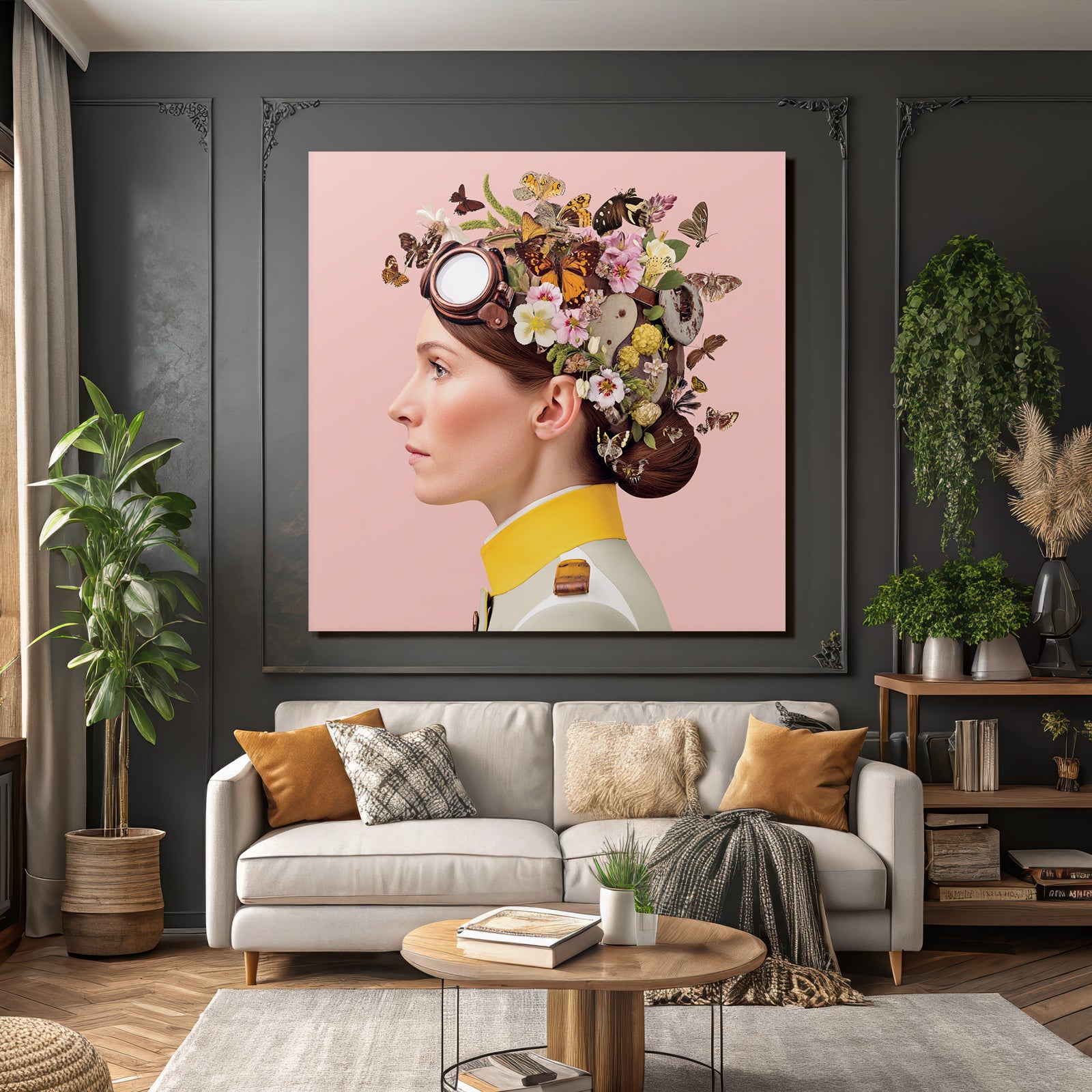 Blumen Blatt Butterfliegen Frau Militaerjacke Rosa Hintergrund