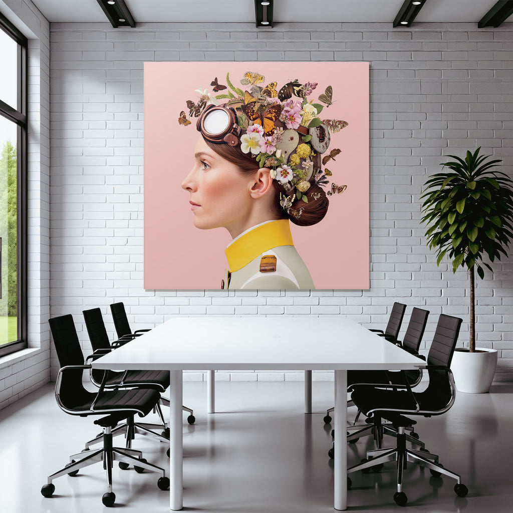 Blumen Blatt Butterfliegen Frau Militaerjacke Rosa Hintergrund
