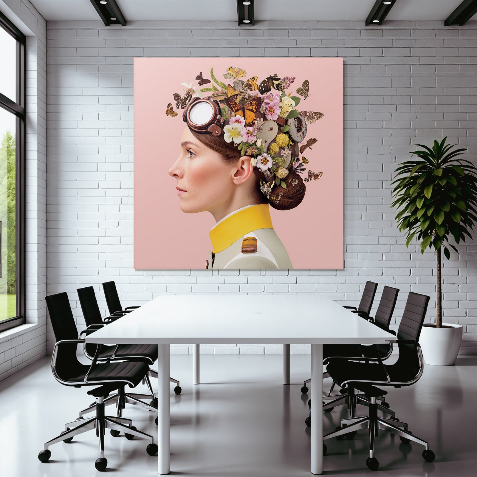 Blumen Blatt Butterfliegen Frau Militaerjacke Rosa Hintergrund
