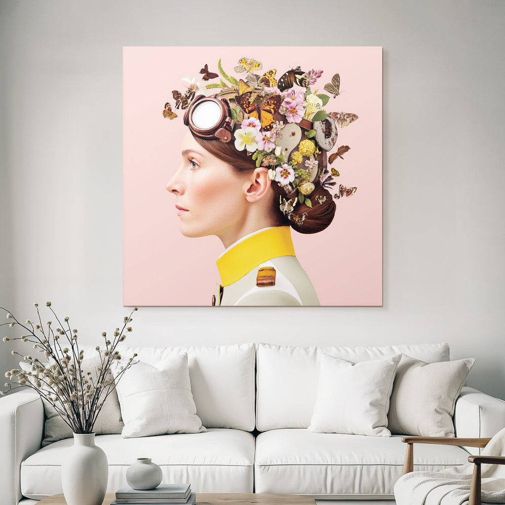 Blumen Blatt Butterfliegen Frau Militaerjacke Rosa Hintergrund