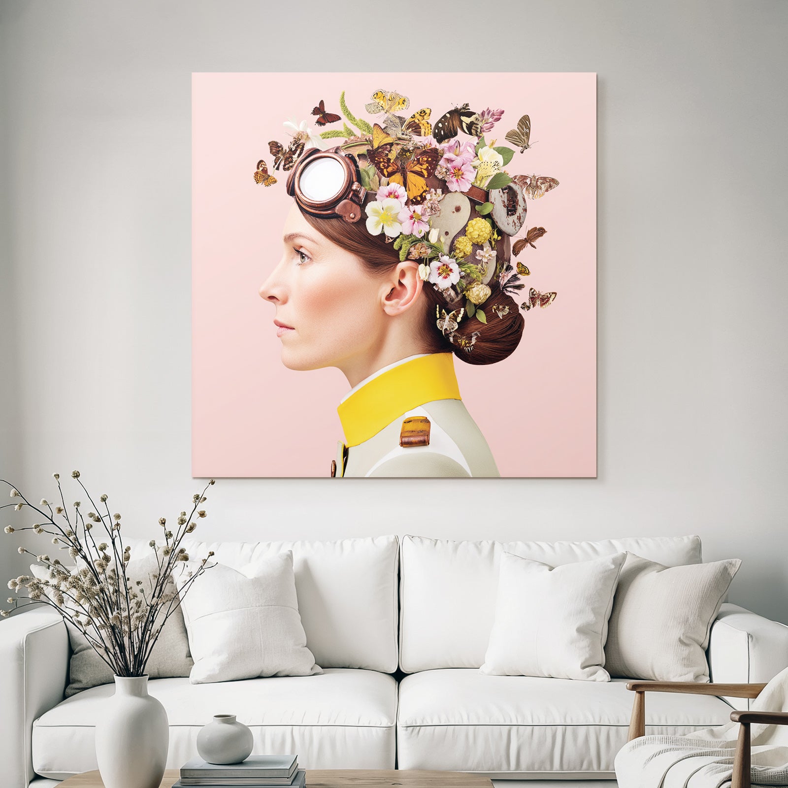 Blumen Blatt Butterfliegen Frau Militaerjacke Rosa Hintergrund