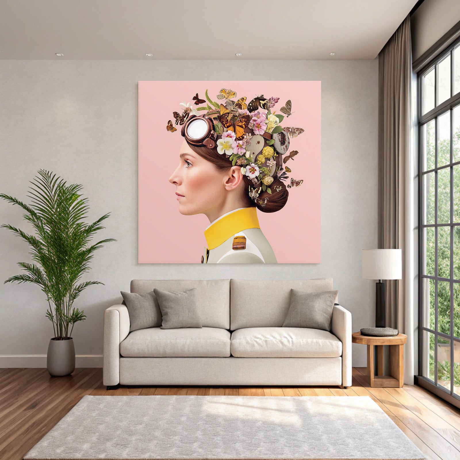 Blumen Blatt Butterfliegen Frau Militaerjacke Rosa Hintergrund