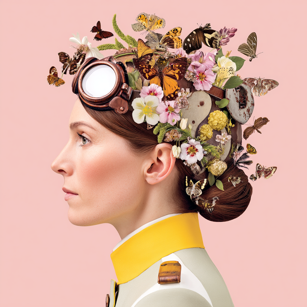 Blumen Blatt Butterfliegen Frau Militaerjacke Rosa Hintergrund | Digital Art | Kunstgattungen